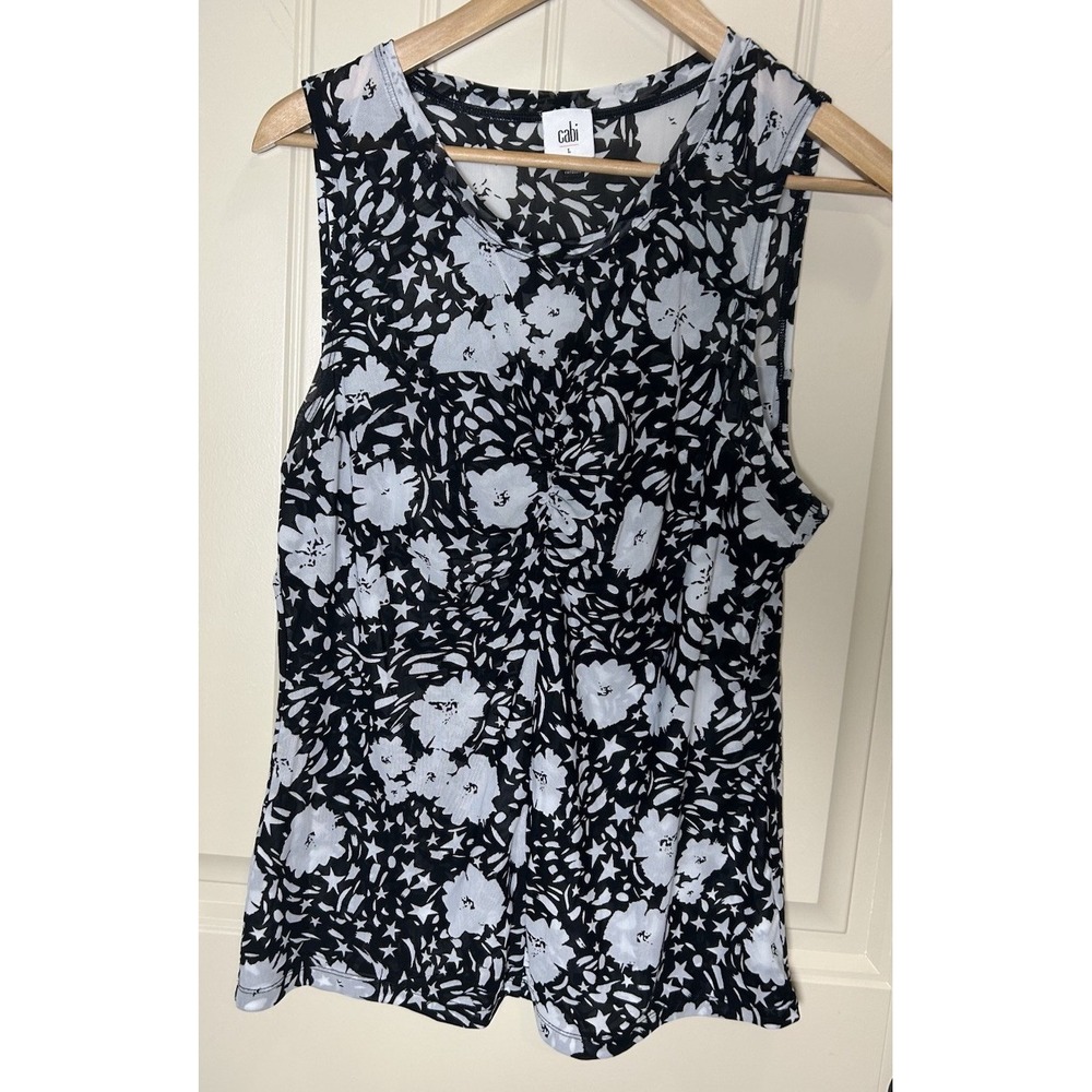 CAbi Women's Flower Burst Top Black White Sleeveless Business Casual Spring Sz L